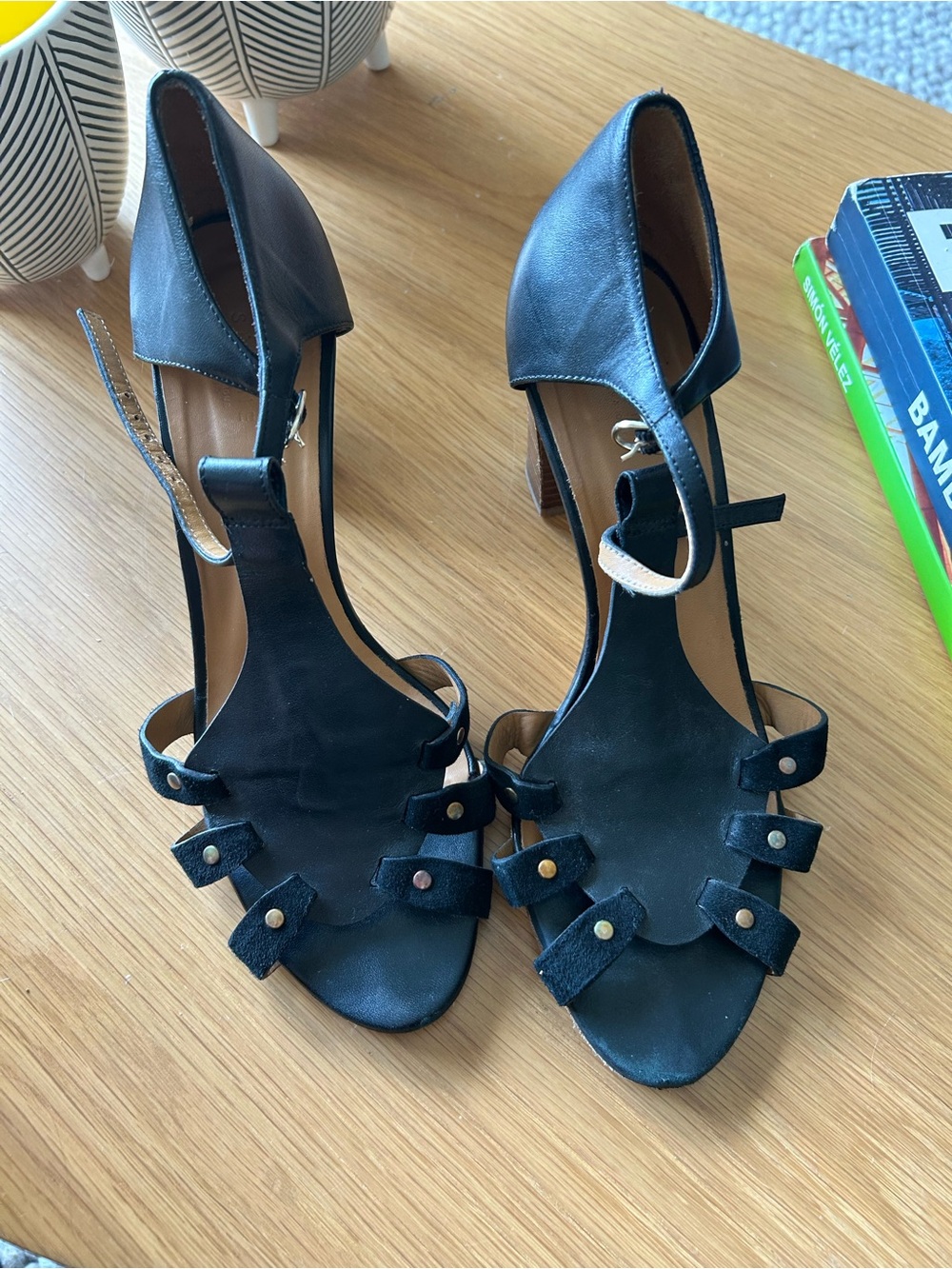 Sezane Black Stud-Embellished T-Strap Heeled Sandals